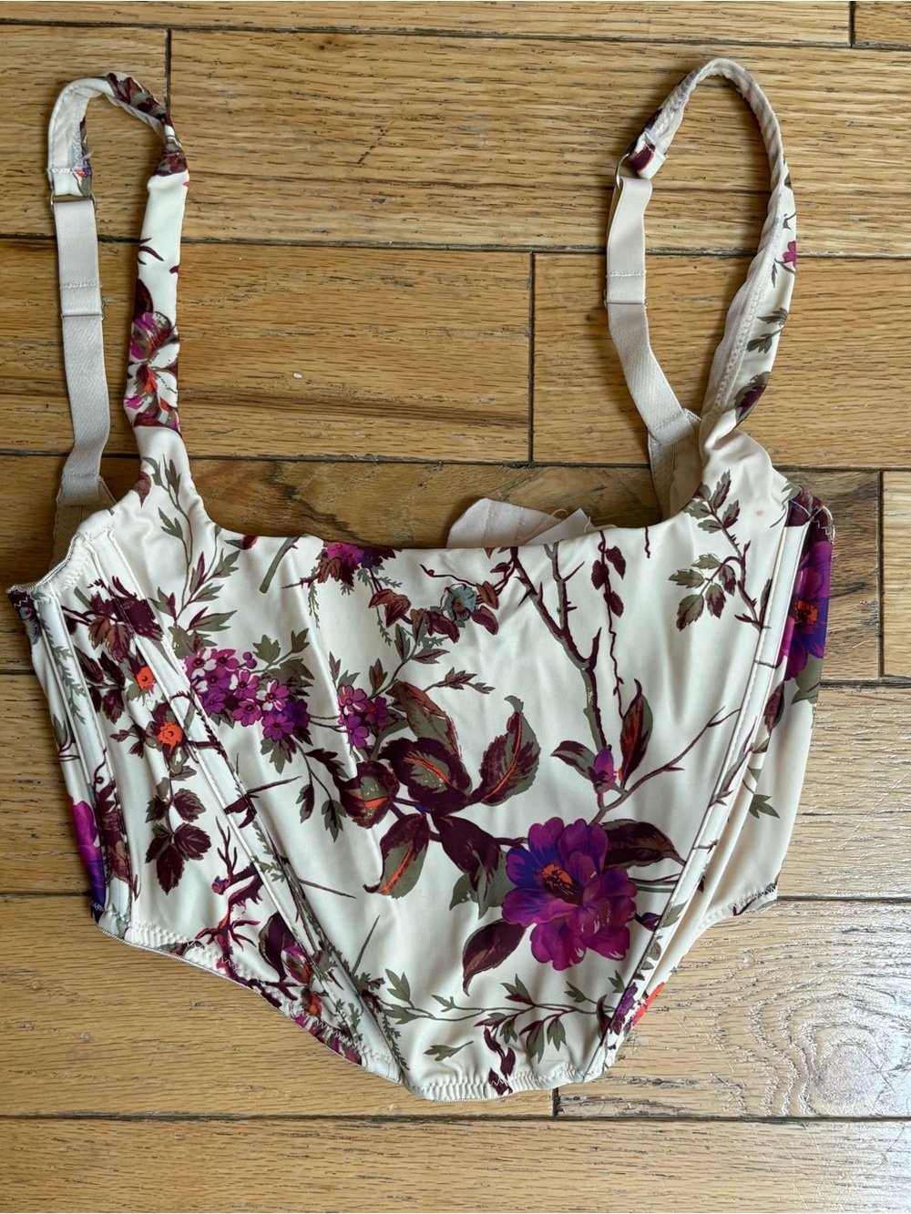 Urban Outfitters Cream Floral Bustier Crop Top with Purple Print